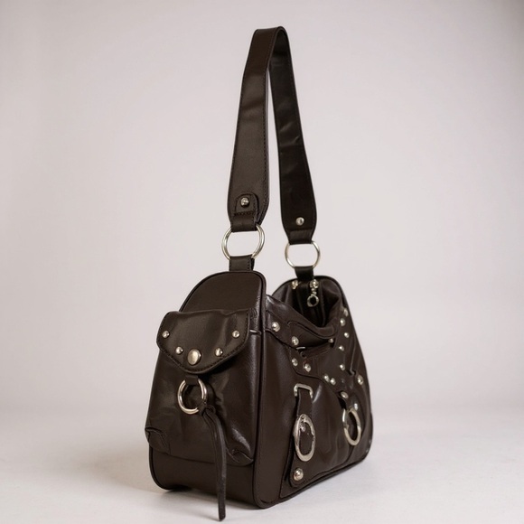 NWT Ampere Creations Vegan LeatherChocolate Brown Silver Gun metal Shoulder Bag - Picture 2 of 5